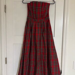Elegant Strapless Red Plaid Dress